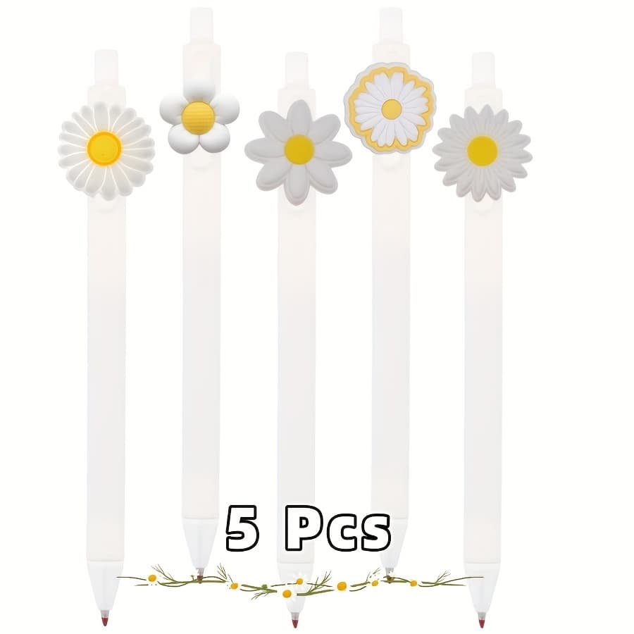 TEMU Set Of 5 White Daisy-themed Gel Pens Suitable For Journaling, Office Use, Wedding Favors, And Bridal Shower Presents.