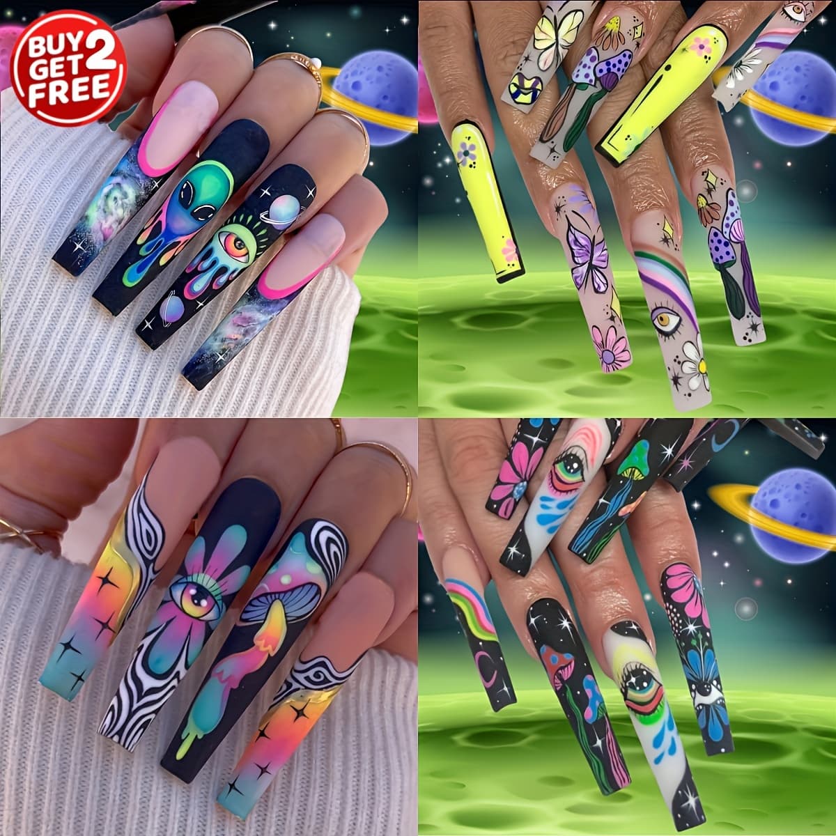 TEMU Of 96pcs) Press-on False Set, Eyes Pattern Super Long Ballet Nail Combination Set