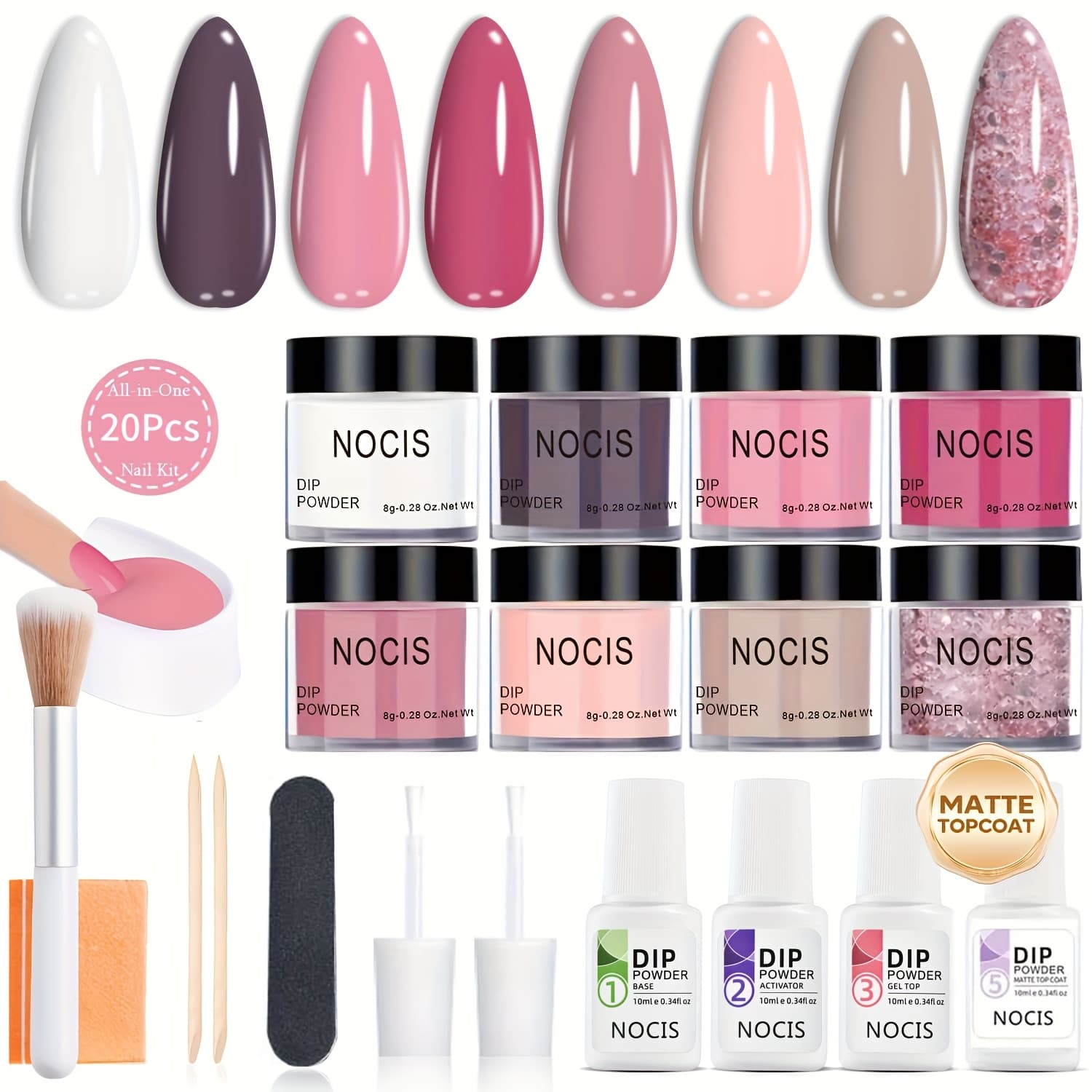 TEMU Dip Powder Nail Kit Starter - 8 Colors (nude, Brown & Glitter). Complete 20pcs Acrylic Dipping System With Base, , , And Builder Gel. Ideal For French And Use.