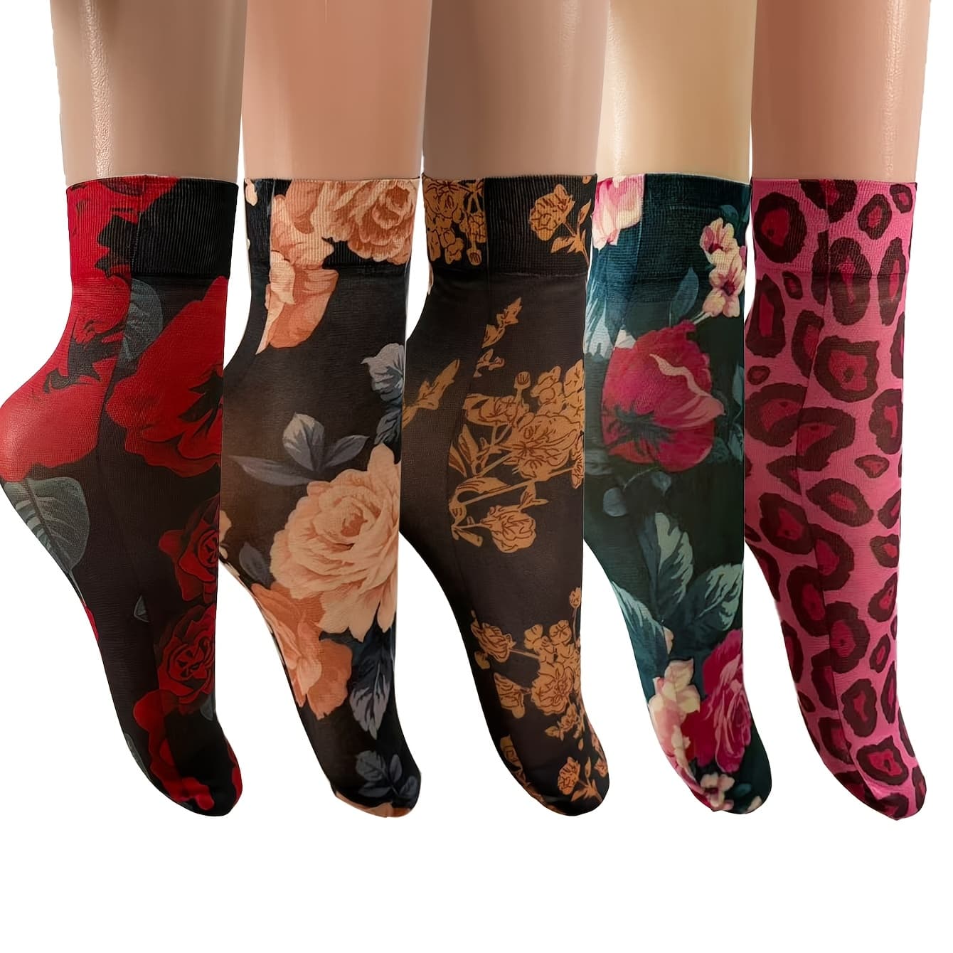 TEMU 5 Pairs Women's Floral Print Ankle Socks - Breathable Stretchy Lightweight Summer Socks With Assorted Vibrant Patterns, Machine Washable For Casual & Dressy Outfits, Sock Designs