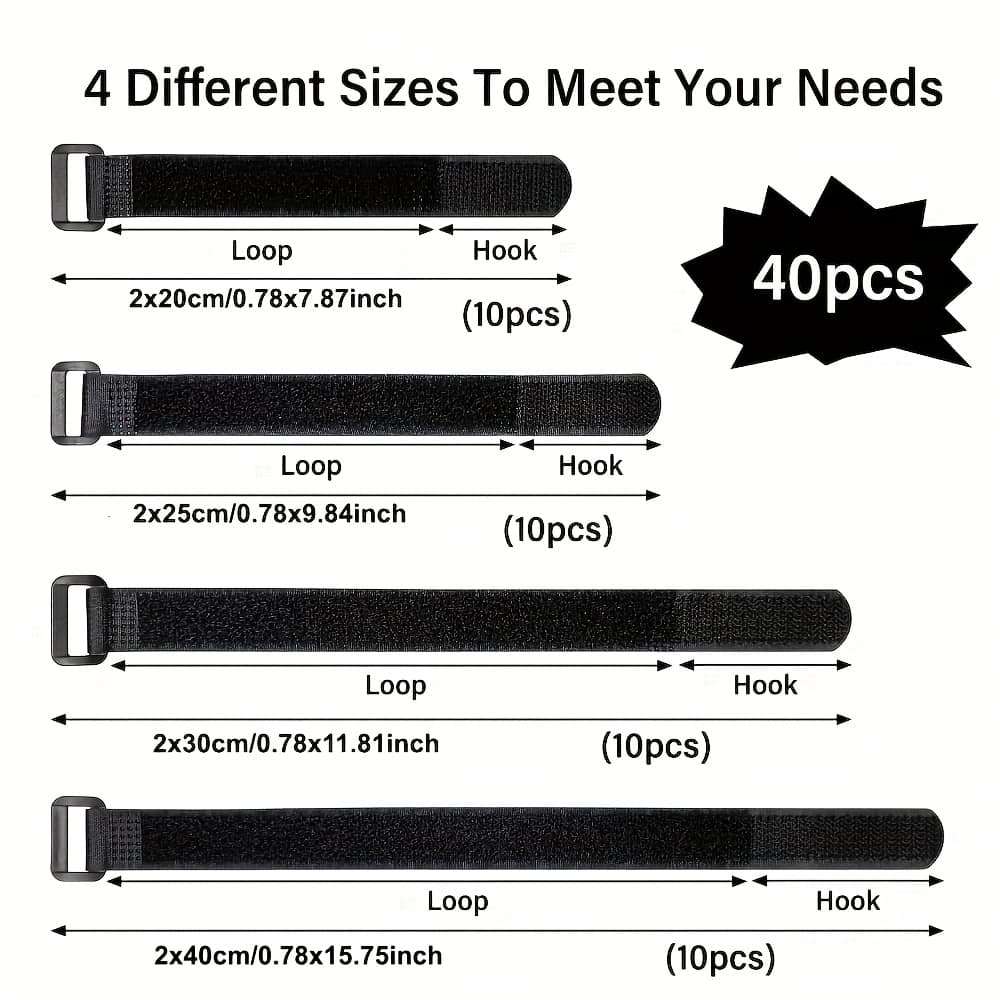 TEMU Reusable Cable Ties - Durable Nylon Hook And Loop Cord Wraps, Adjustable Fastener Organizer Set For Cable Management, 20mm Wide, 4 Different Lengths 200, 250, 300mm, 400mm Black Nylon, Pack Of 40