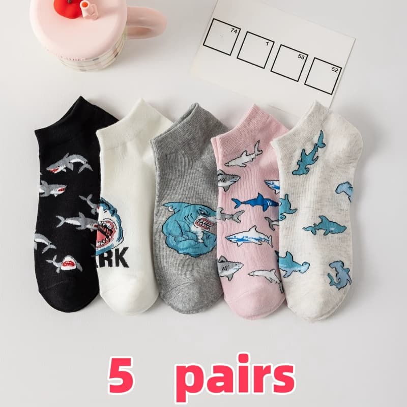 TEMU 5 Pairs Women's Cartoon Shark Ankle Socks - Breathable Summer Short Socks With Shark Patterns, Assortment, Machine Washable For Casual & Beach Outfits, Shark Socks, , , , Sock Lovers