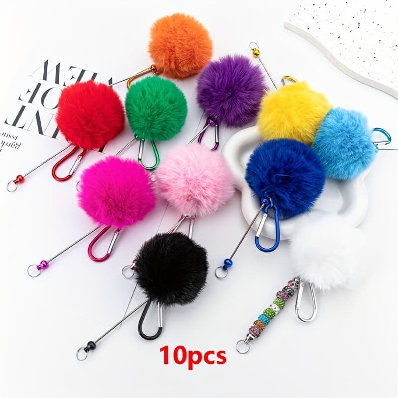 TEMU 10pcs Colorful Fluffy Diy Beaded Keychains Creative Plush Metal Hanging Pendant Craft Supplies