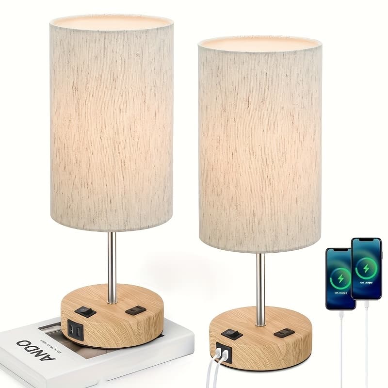 TEMU Switch Control Table Lamps With Usb Ports & Ac Outlet, 3 Way Dimmable Bedside Lamps With Fabric Shades, A19 Led Bulbs Included, Perfect For Bedroom, Living Room, Reading(1 Pack/2 Pack)