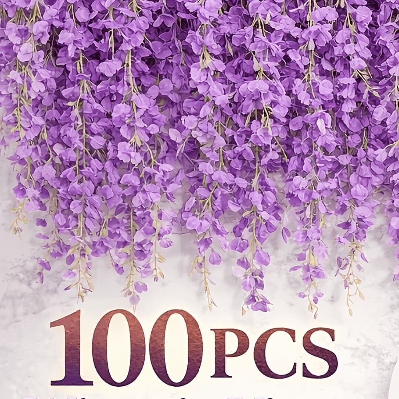 TEMU 100pcs Bulk Lifelike Purple Wisteria Artificial Flowers, 19.7" Long Faux Wisteria Vines For Wedding Arch Wall Decor, Party Home Diy Hanging Floral Arrangement