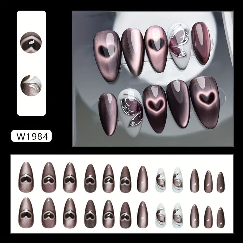 TEMU Outward Trade 3d Cat Eye Hollow Heart Bean Western Removable Nail Art 24pcs Press On N