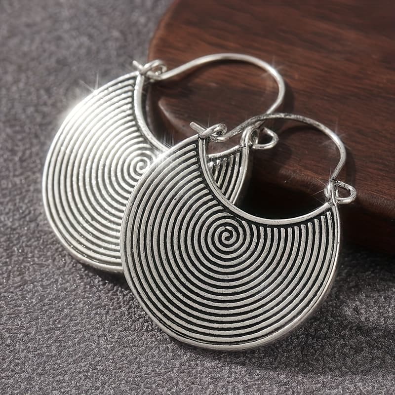 TEMU Silvery Boho Ethnic Hoop Earrings, Handmade Spiral Oxidized Dark Disc Gypsy Tribal Moon Statement Celestial Earrings, Gift For Her