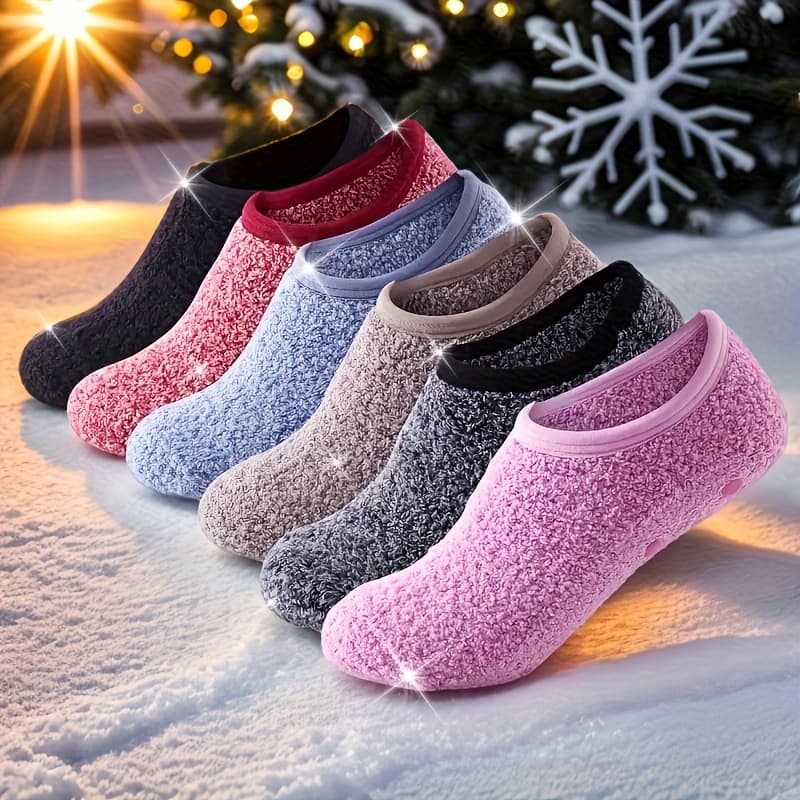 TEMU 6 Pairs Of Women's Plush Indoor Slippers, Socks, Anti Slip And Thick Winter Plush Floor Socks, Home Shoe Covers, Warm Indoor Shoes, , Casual And Fashionable