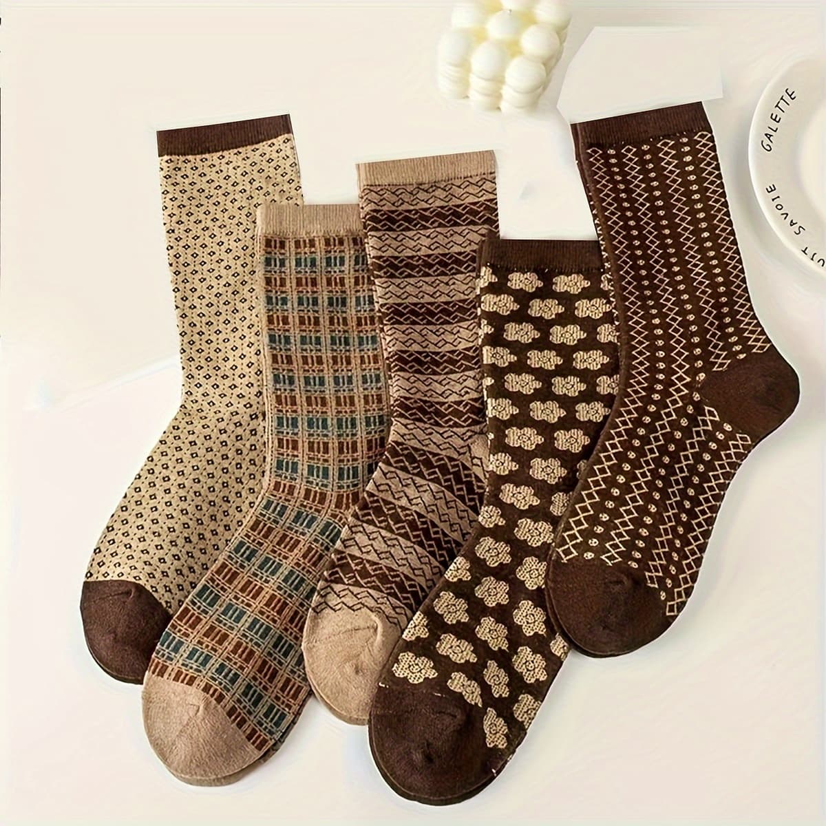TEMU 5 Pairs Women's Japanese & Floral Print Mid-calf Socks - Assorted Patterns, Soft Breathable Fabric, Versatile For Casual & Formal Outfits, Cute Socks, Stylish Outfit Accessories, Comfortable Wear