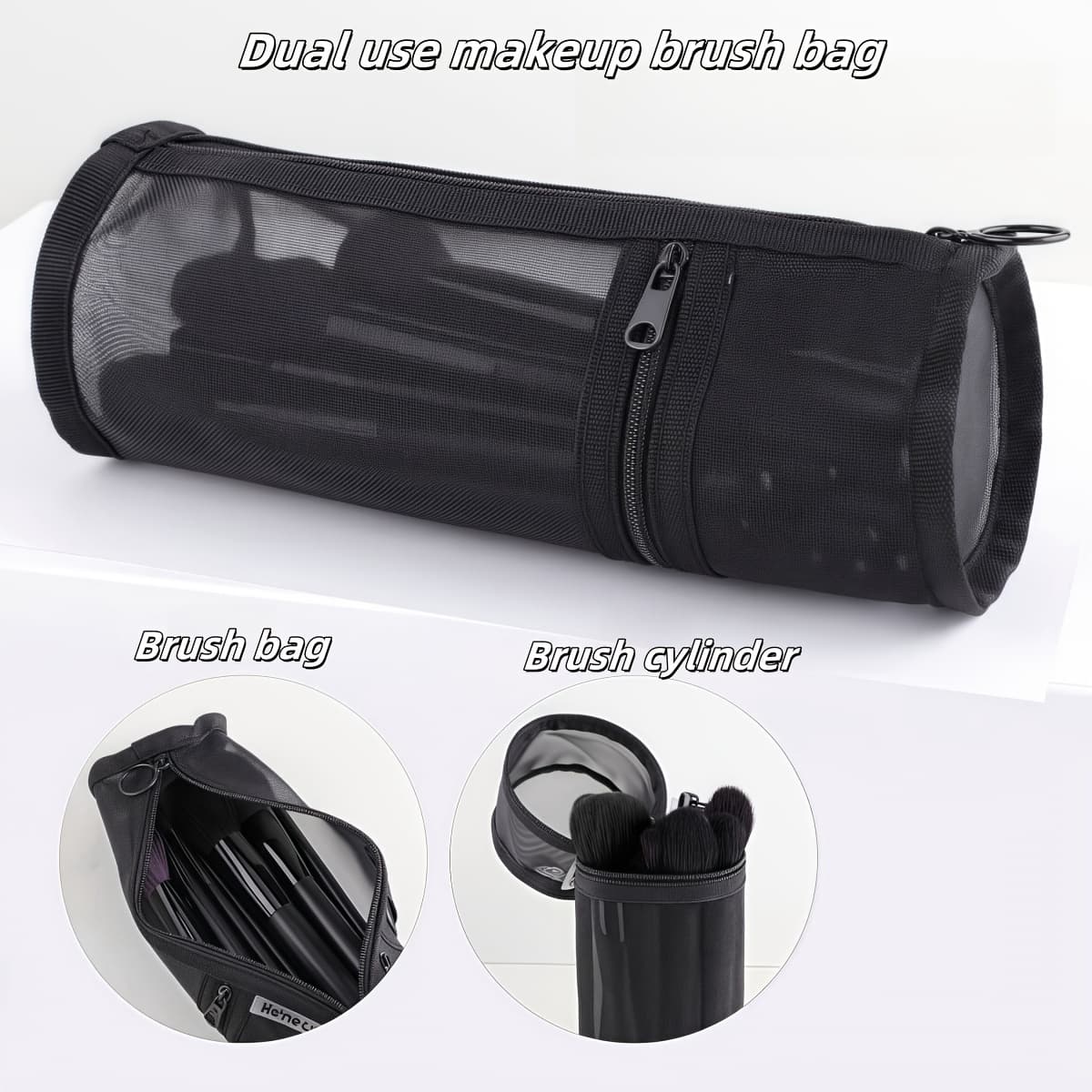 TEMU A New Makeup Brush Storage Bag Made Of Mesh, Ideal For Travel, Featuring A Portable Zipper Design And A Spacious Brush Holder