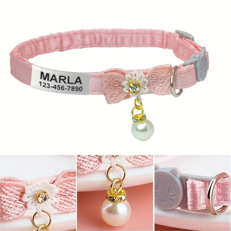 TEMU Adjustable Pet Collar With Laser-engravable Name/contact /address Tag - Personalized Bow & Faux Pearl Pendant Suitable For Cats, Collar, Laser Etching Service