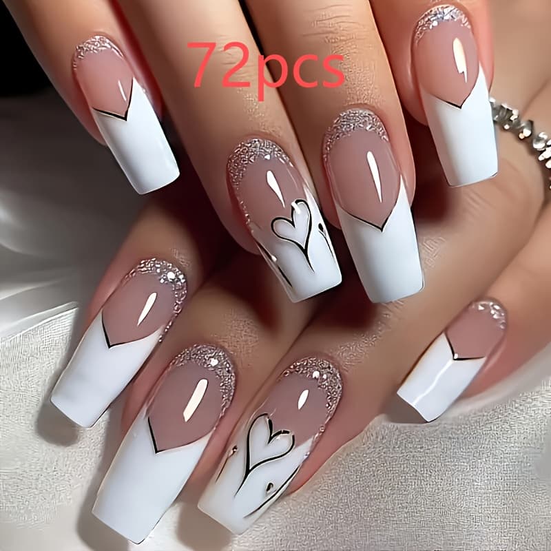 TEMU 72pcs Romantic Press-on Nails With , Glossy Finish, Holiday Elements, Medium-length Square Shape, Suitable For Light Light Beige, Black Detachable Wearable Nails