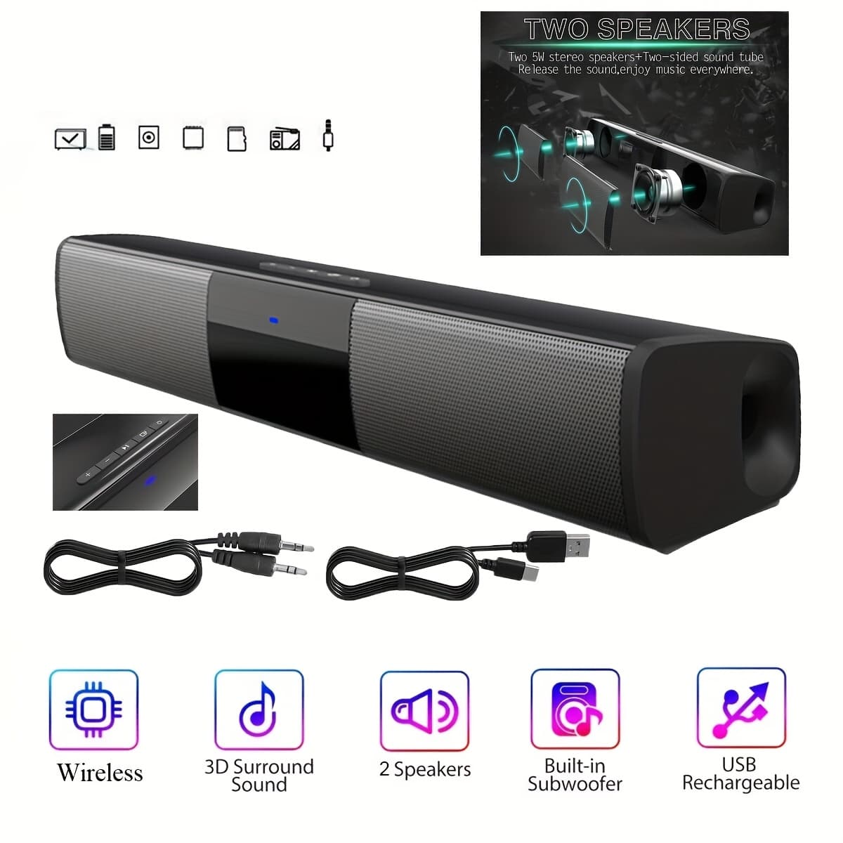 TEMU Wireless Sound Bar For Tv, 13-inch 5.0 Soundbar Fm, Arc/optical/aux/tws Connection, Surround Sound System For Home Theater 2pcs Bluetooth Speakers System Car Stereo Receivers Usb Rechargeable