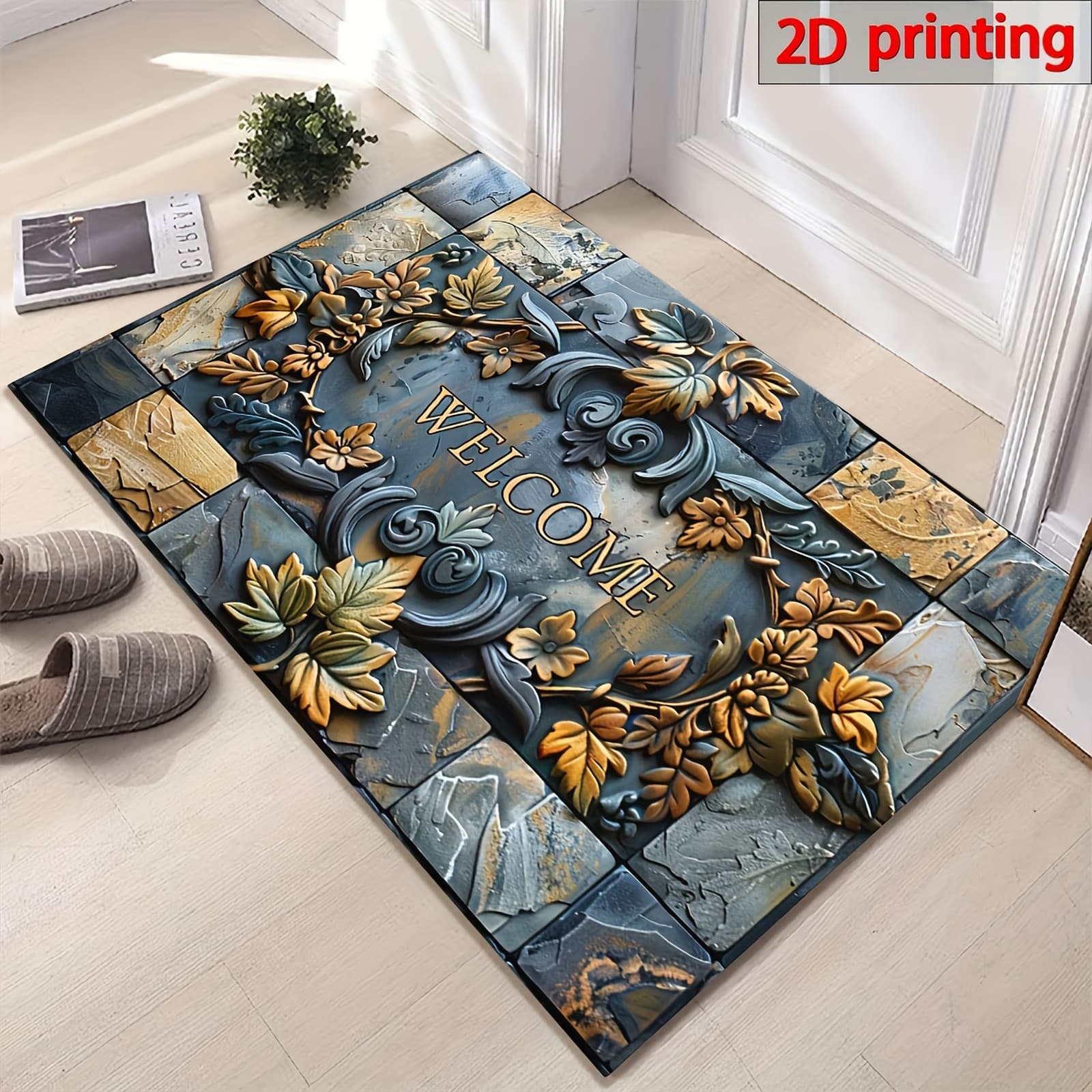 TEMU 2d 1pc And Plant Embossed Welcome Mat - Non-slip, High Quality, Machine Washable Polyester Mat, Suitable For Home And Outdoor Decor- For Entryway, Living Room, Bathroom