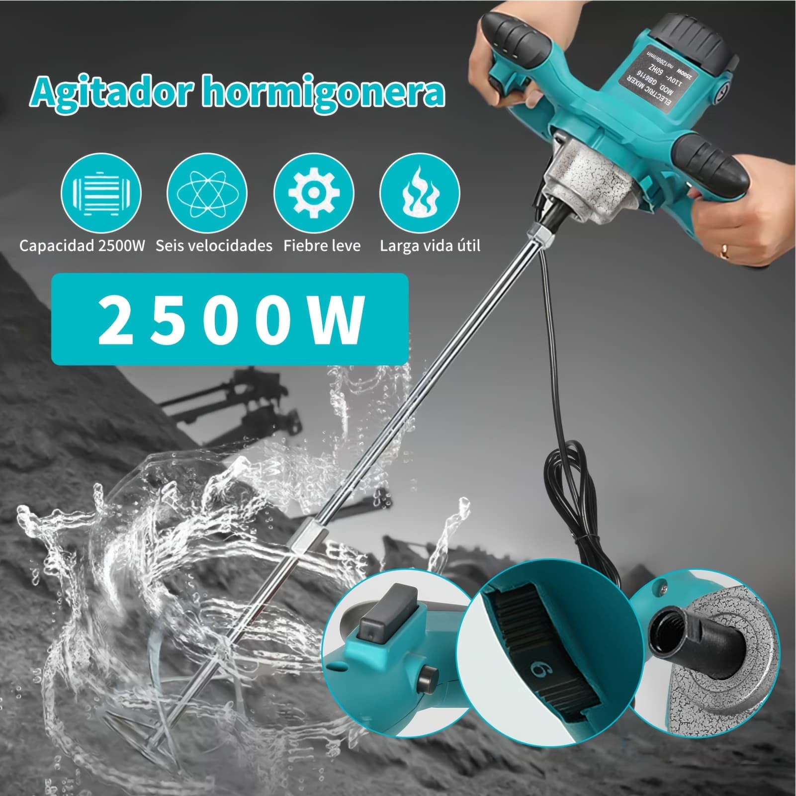 TEMU 2500w Handheld Electric Mixer 6 Speed Adjustable Paint Putty Cement Concrete Mixing Machine Us