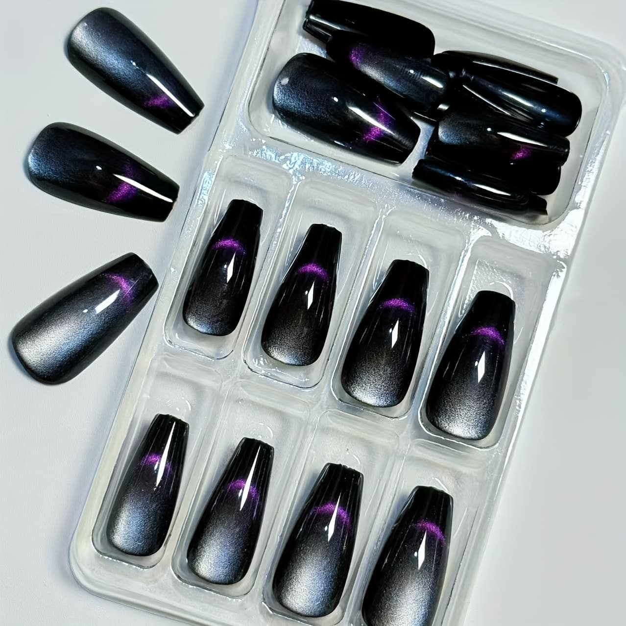 TEMU Ballet French Cat Eye Pressing Fake Nails In 24pcs, With Glossy Surface, Suitable For Women' And Party Wear, A Must-have For Halloween, Supports, Contains Jelly Glue And Rubbing Strips
