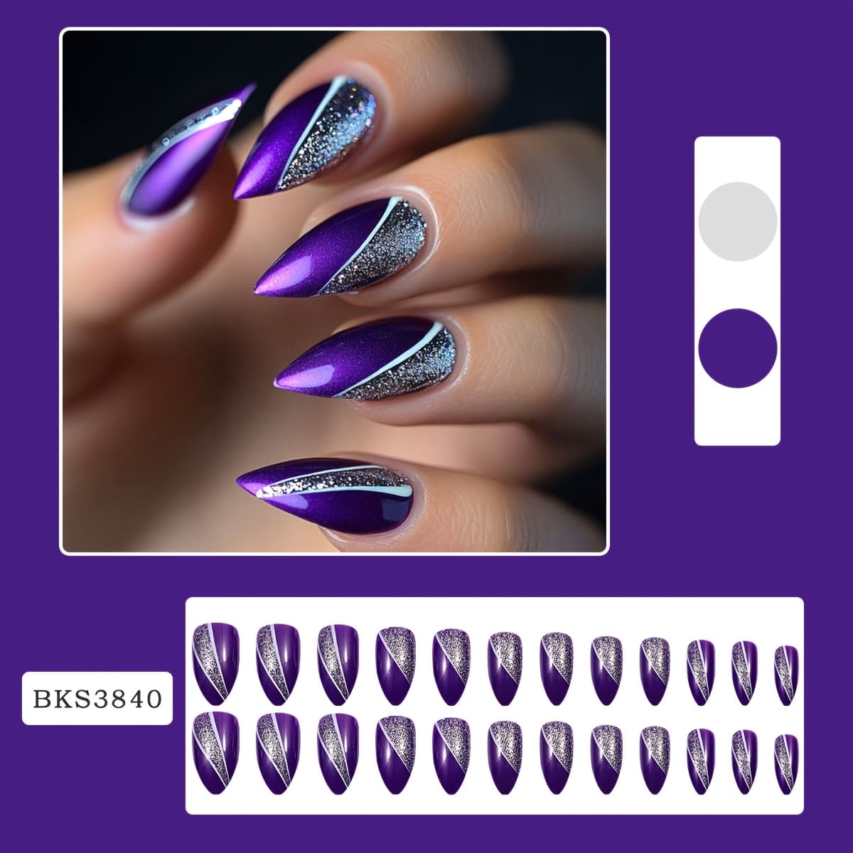 TEMU 24pcs Medium Stiletto Fake Nail Tips Set Purple Shiny Glitter Press-on Nails