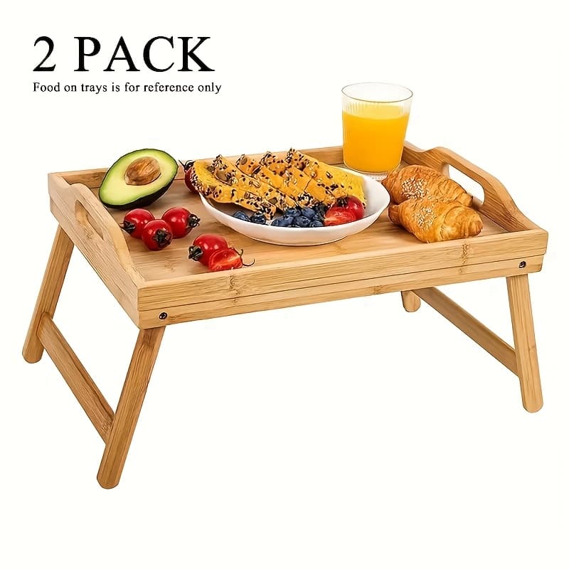 TEMU 2pcs 19.3 X 12 Inch Bamboo Breakfast In Bed Trays, With Folding Legs & Handles - Versatile Snack Tables For Eating, Sofa, Couch, And Working - Sturdy & Stable, Ideal For Holidays
