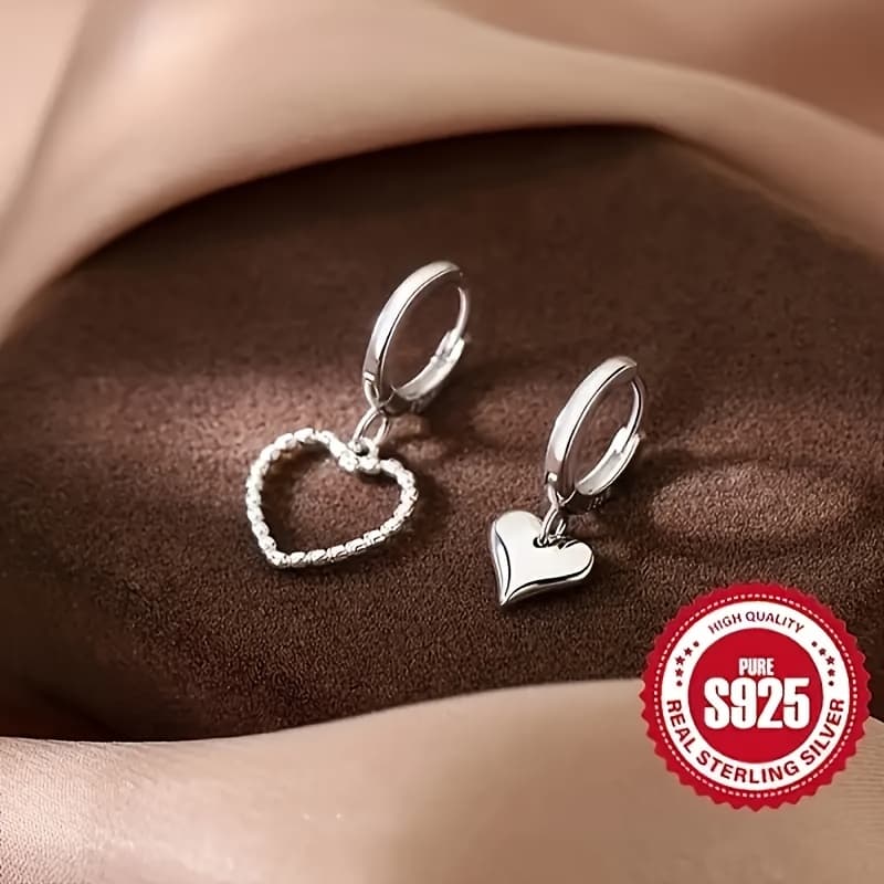 TEMU Chic S925 Sterling Silvery Heart-shaped Dangle Earrings - Hypoallergenic, Perfect Gift For Her, Everyday & Party Wear
