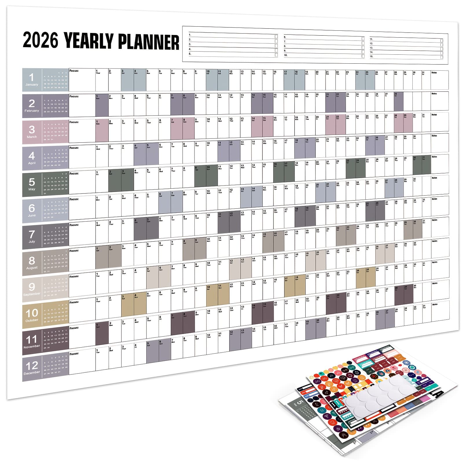 TEMU 2026 Wall Calendar Planner - Full Year View Calendar 2026, 29.2 X 20.7 Inch/74.2 X52.5cm (open), Year Wall Planner 2026 With 4 Sheets Of Stickers And 1 Sheet Of Double-sided Round Stick