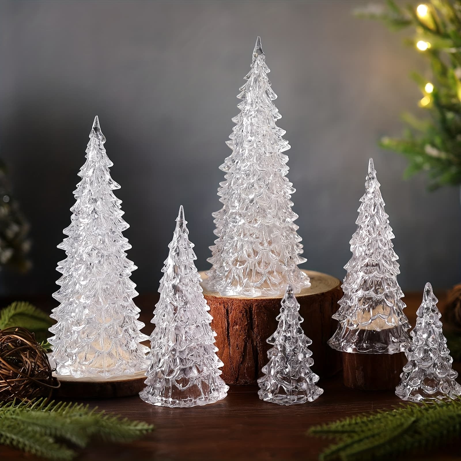 TEMU Set Of 6 Acrylic Christmas Tree Decorations Featuring A Hollow Base, Perfect For Tabletop Decor And Festive Indoor Accents