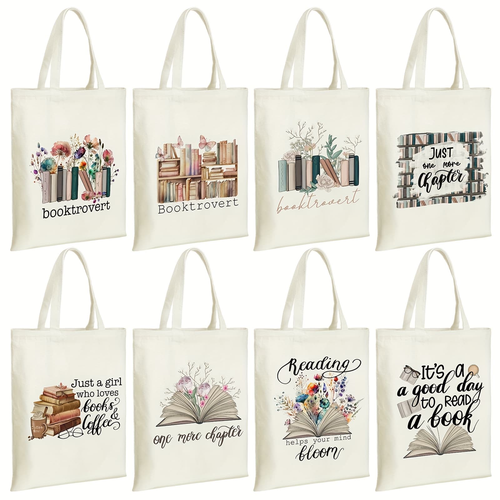 TEMU Gift For Her/him 8pcs Book Club Gifts Bulk Book Lovers Canvas Tote Bags Easter Christian Bookish Librarian For Women(book, Flower)