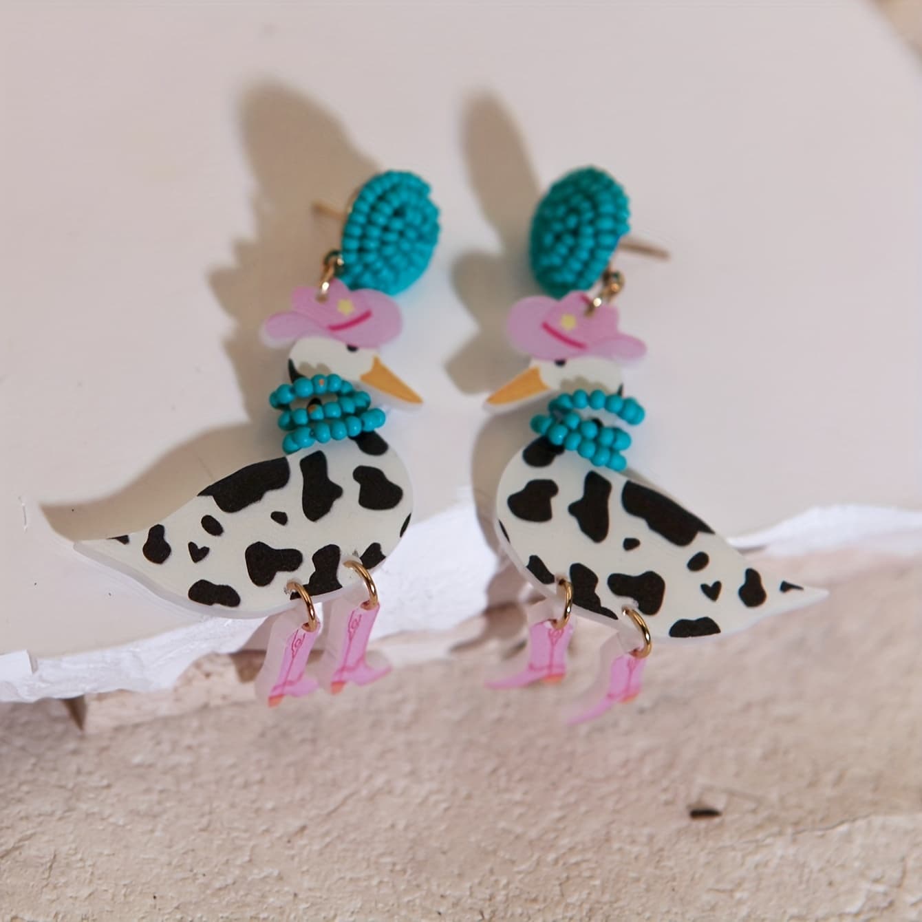 TEMU Cute And Fun Handmade Seed Bead Cowboy Hat Boots Cow Pattern Goose Duck Earrings Holiday Gift Wear