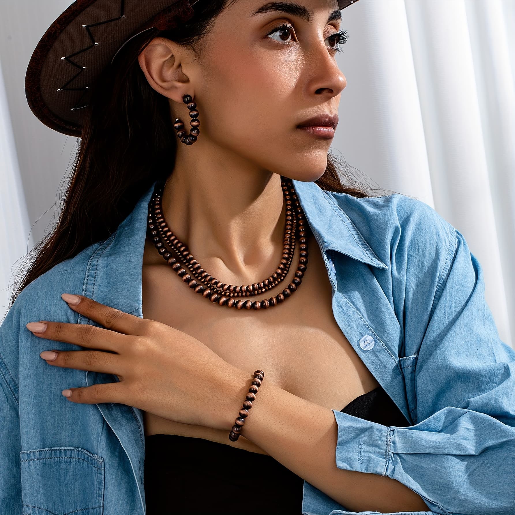 TEMU Vintage Western-inspired Beaded Jewelry Set Including A Brushed Pearl Necklace, C-hoop Earrings, And A Bracelet Combo, Wear And Gifting, Made From Plastic, Suitable For All