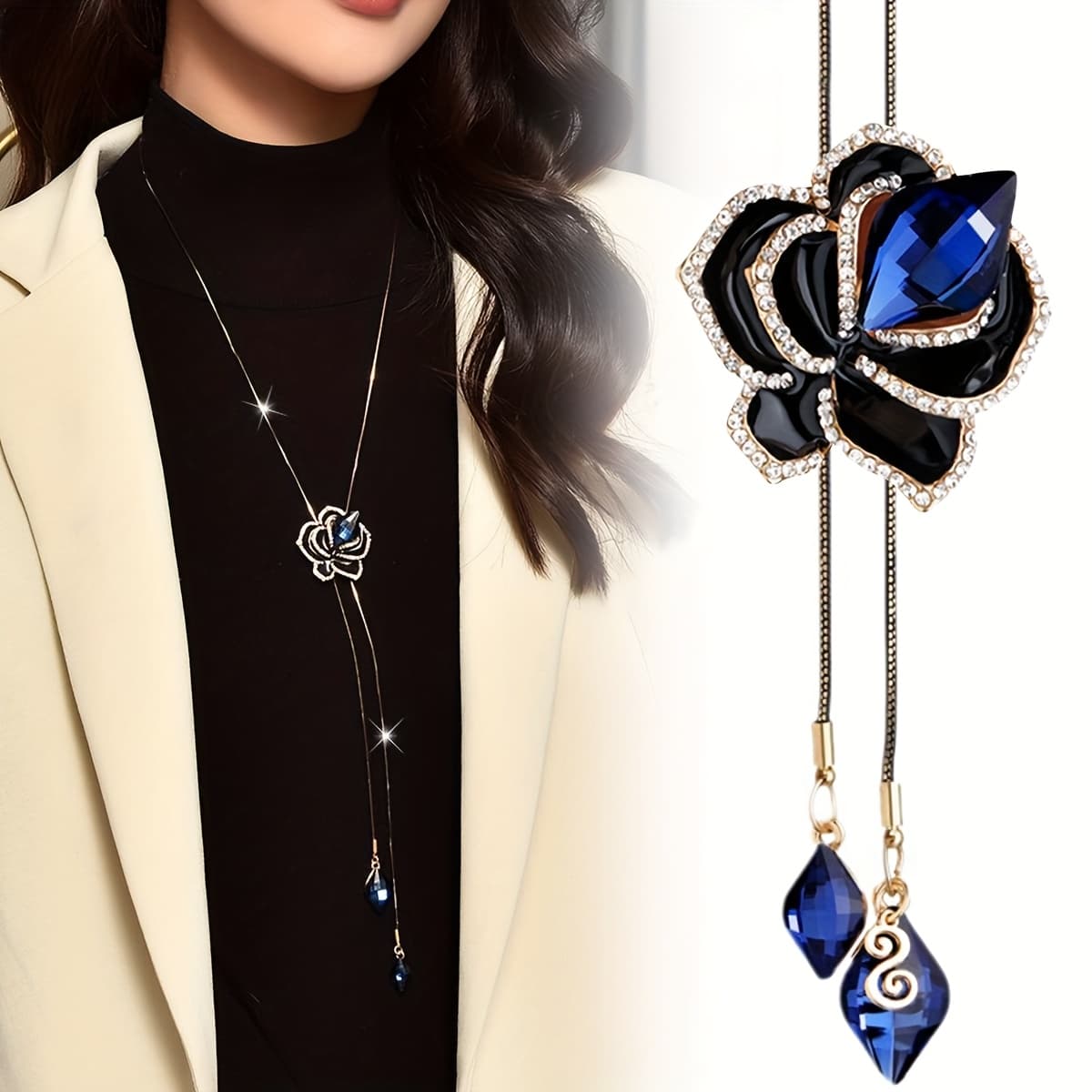 TEMU Autumn And Winter New Artificial Crystal Tassel Rose Sweater Chain Versatile Easy Temperament Long Necklace Clothing Additions Pendant