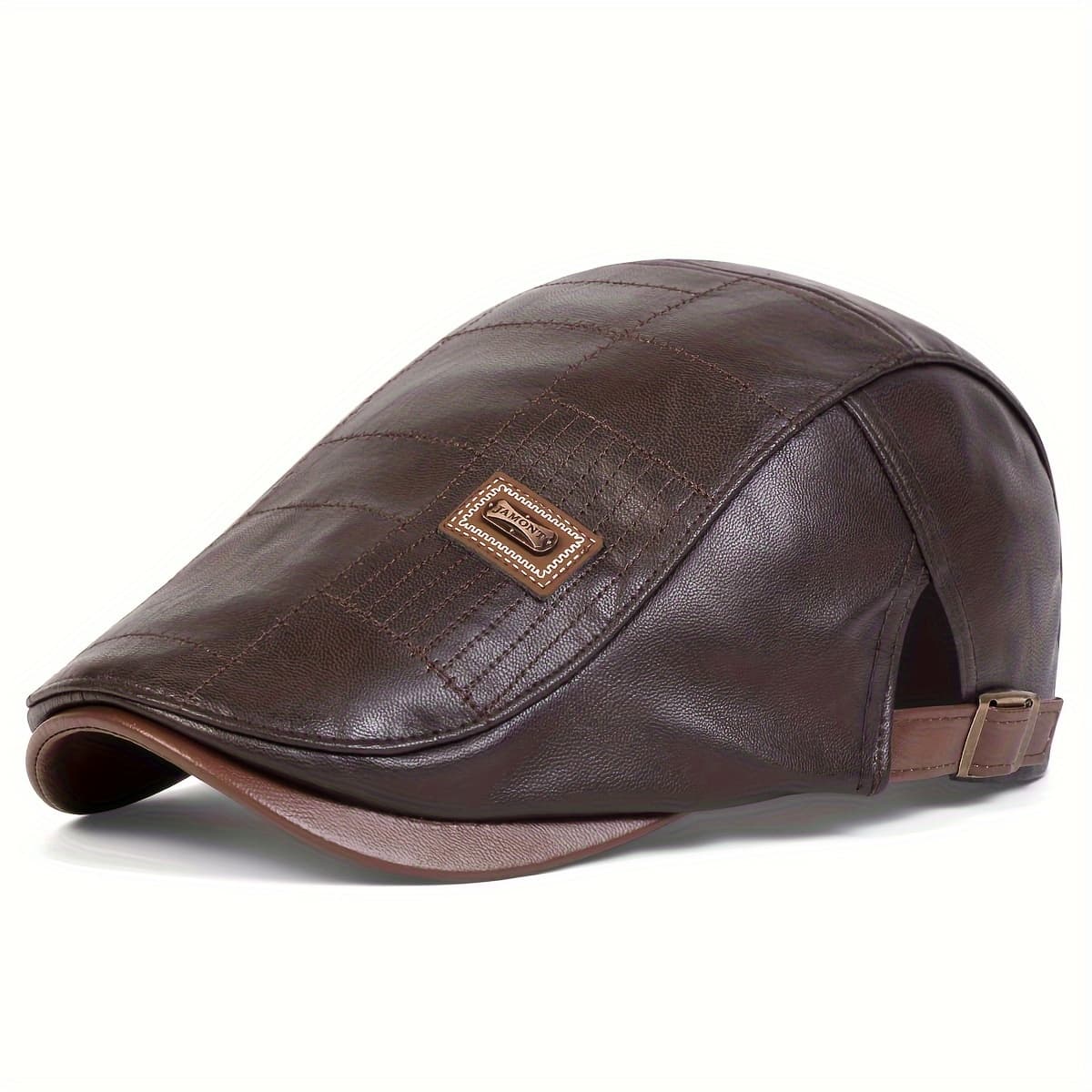 TEMU A Stylish Men's Pu Leather Color- Beret Hat, Adjustable For Outdoor Casual Wear, Perfect For Autumn And Winter , Travel, Beach Parties
