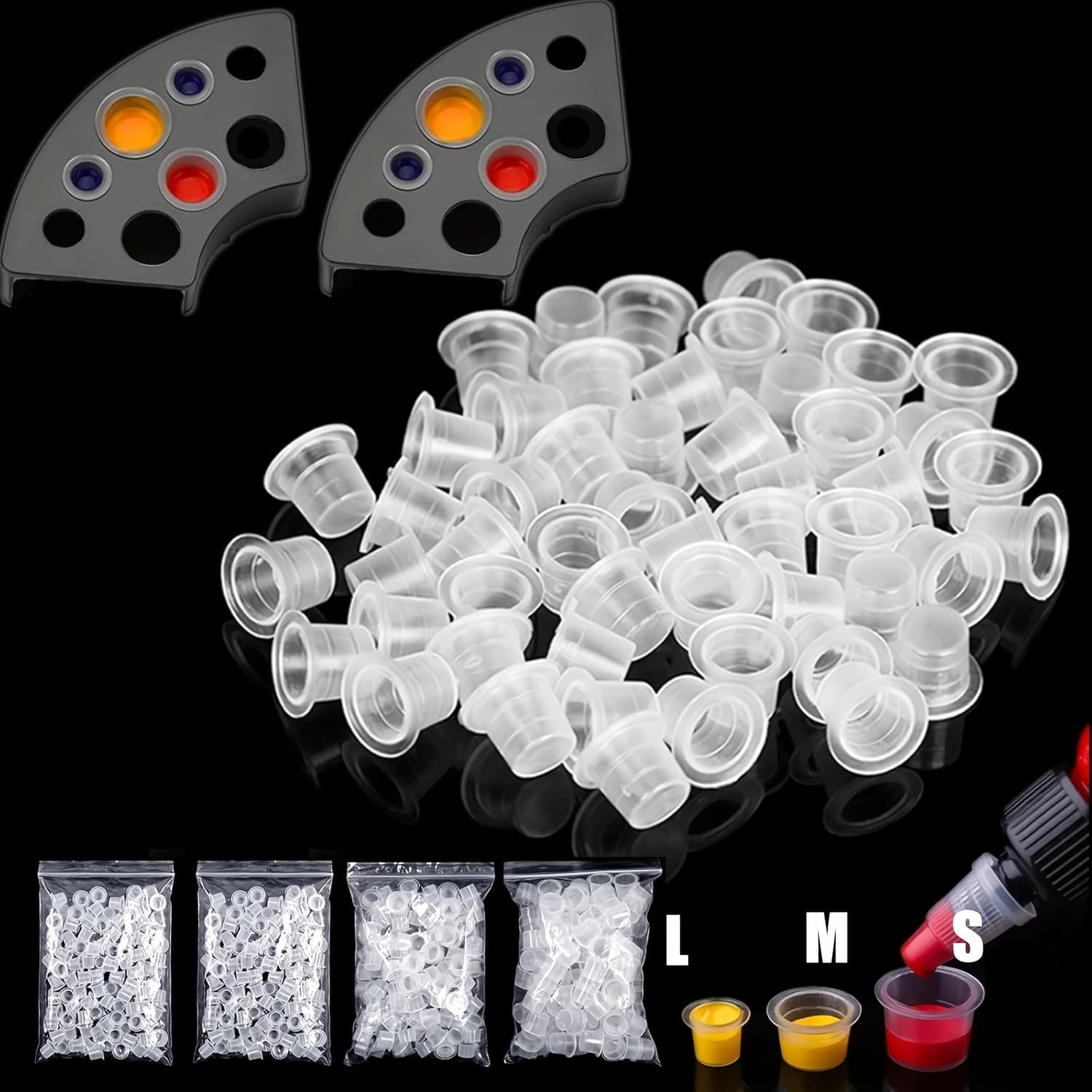 TEMU 400pcs Tattoo Ink Caps Cups With 2pcs Cups Holder - Caps Tattoo Caps Cups Mixed Size Small Mediun Large With Wide Cup Edge Tattoo Ink Set Tattoo Supplies