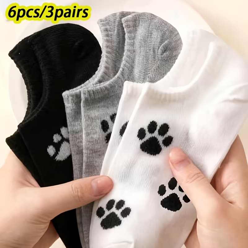 TEMU 6pcs/3pairs Women Socks Cat Paw Print Cute Versatile Casual Breathable Short Socks