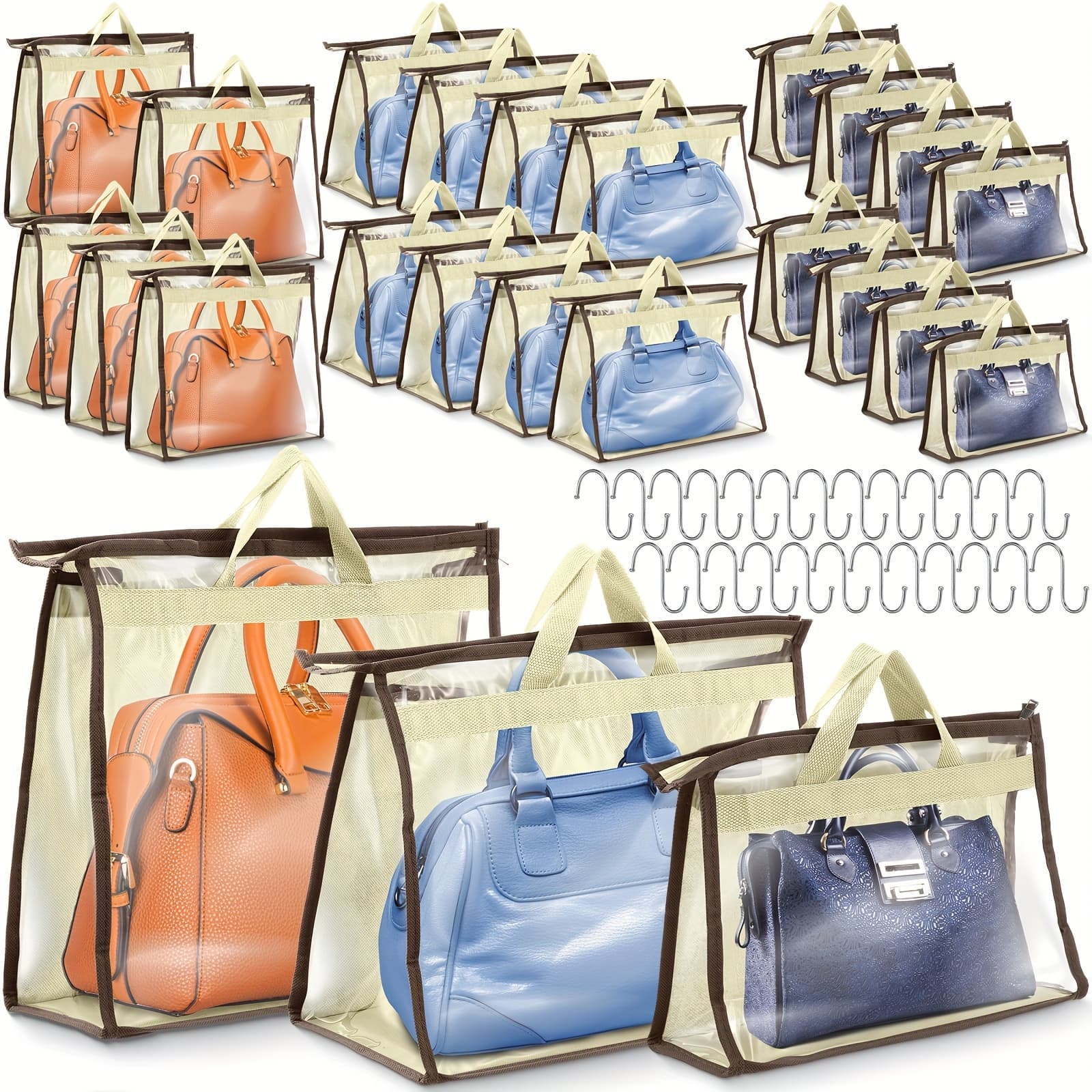 TEMU 24 Pack Dust Bags For Handbags With 25 Stainless Steel Hooks, 3 Assorted Sizes Dust Cover Bags Damp Proof Purse Storage Handbags With Zippers And Handles For Closet Hanging