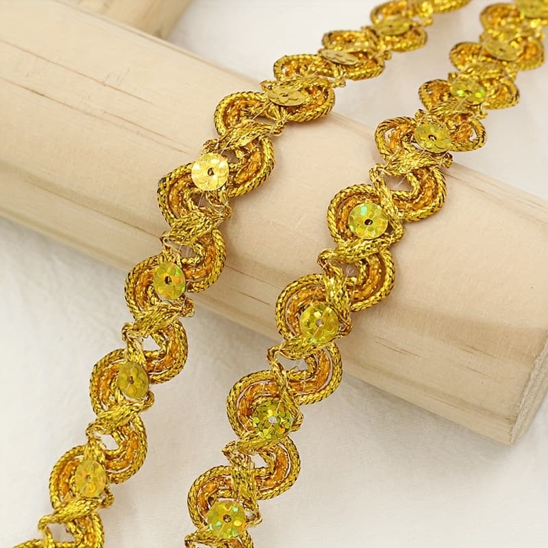 TEMU A 10- Of 1.5 Centimeters Wide Golden Wire Laser Bright Sequin Lace Trim Wave Ribbon For Lantern Stage Costumes, Boxes, And Decorative Accessories.