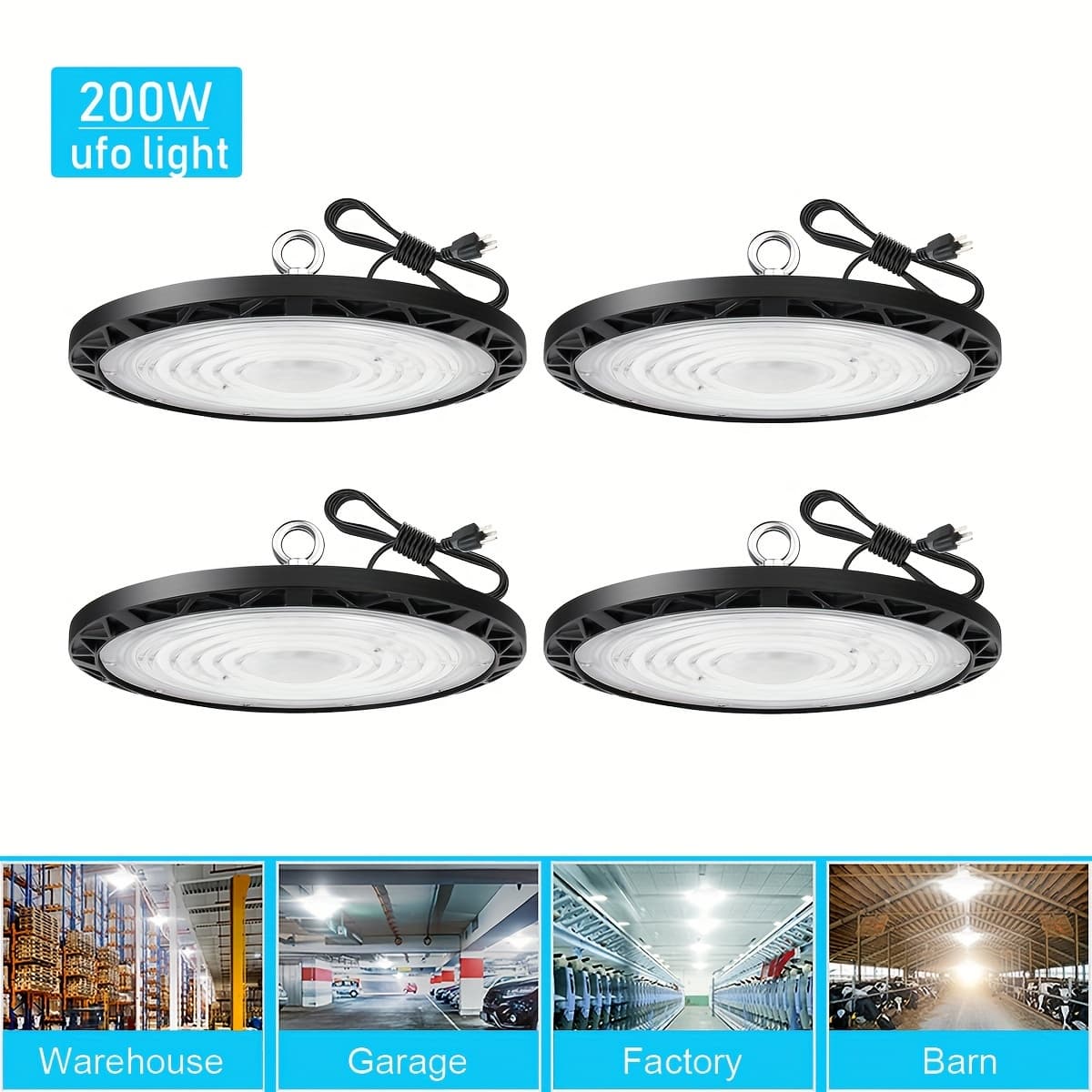 TEMU 4 Pack 200w Ufo Led High , 90-277v, 200 Watts, Led Commercial Lighting Fixtures, For Industrial Warehouse Workshop Garage Shop Factory Office, Cold White 6000k