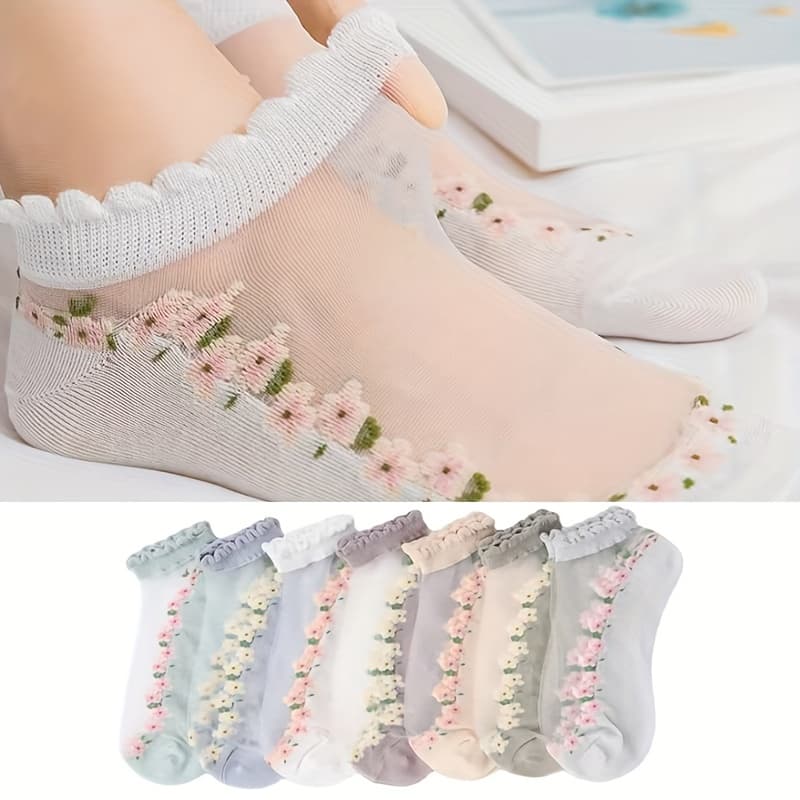 TEMU 7-pair Women's Thin Spring/ Lace Crystal Breathable Cassette Socks