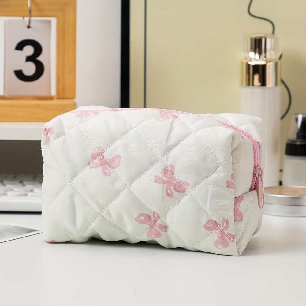 TEMU 1pc Plaid Bow Large Capacity Cosmetic Bag, Makeup Bag, Suitable For Home, Travel, Daily Use, Women's Makeup Storage Bag