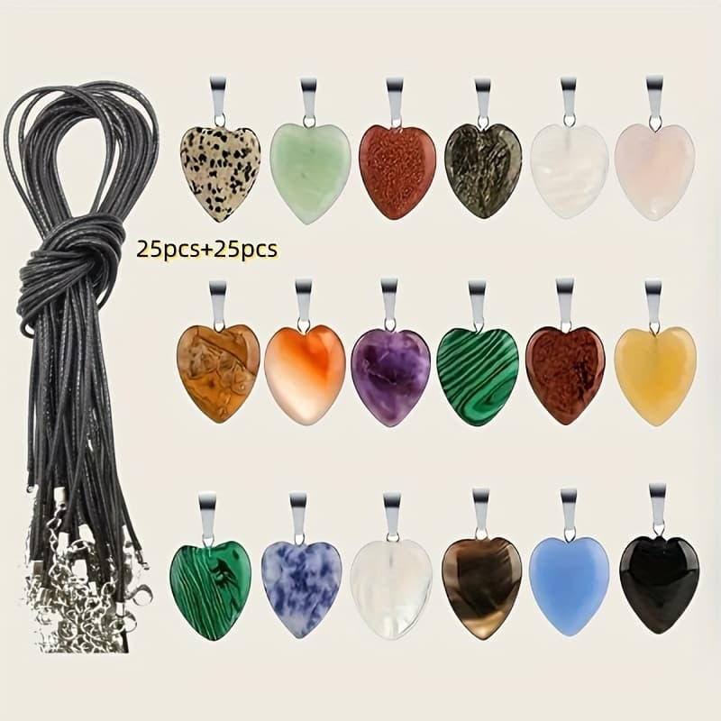 TEMU 50pcs Colorful Natural Stone Heart-shaped Pendants With Black Chains - Perfect For Jewelry, Watches And Additions - Ideal Holiday Gifts