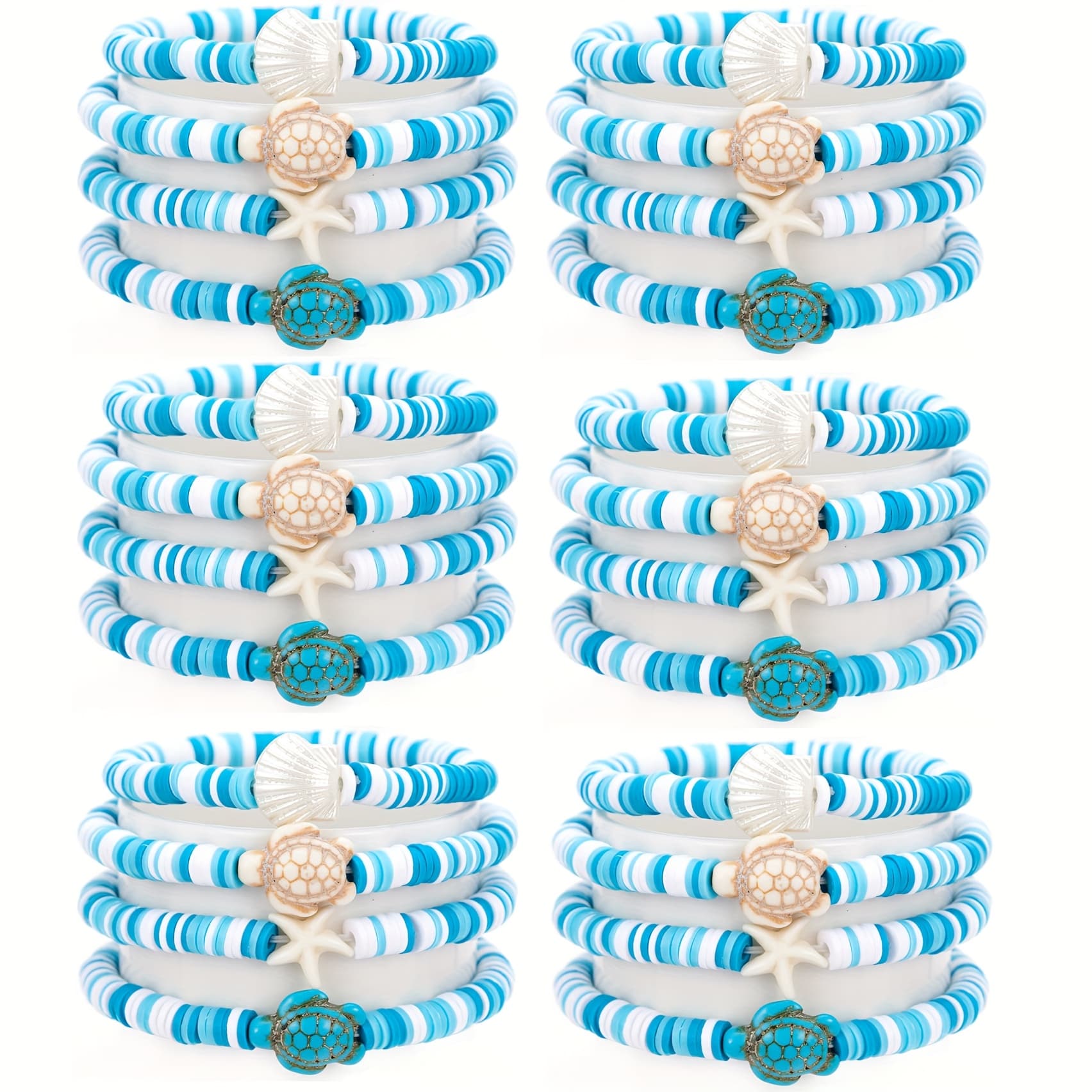 TEMU Set Of 24 Ocean-themed Elastic Bracelets Featuring A Design With Blue And White Colors, With Turtle Shell And Starfish Charms, Ideal For Everyday Use, Holiday Gifts, And Suitable For All