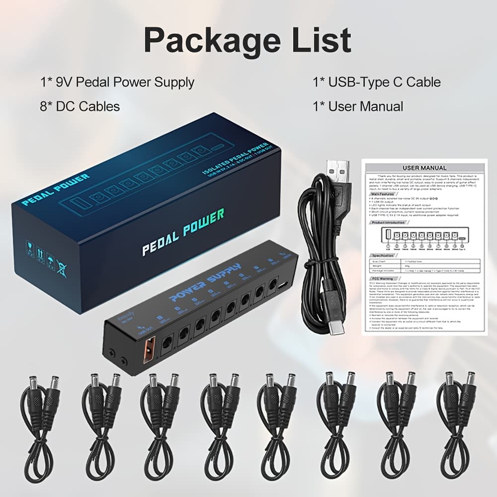 TEMU 8-way Guitar Pedal Power Supply With Type C Interface, 9v, Metal Construction - No Battery Required, Ideal For Effects