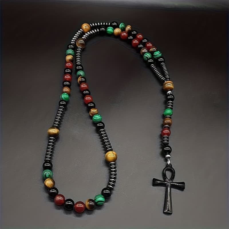 TEMU 5 Colorful Ankh Catholic Pendant Necklace | Onyx, Eye, Carnelian, Peacock, Hematite, Black Ankh Cross | Suitable For Daily Wear, Gift-, For All