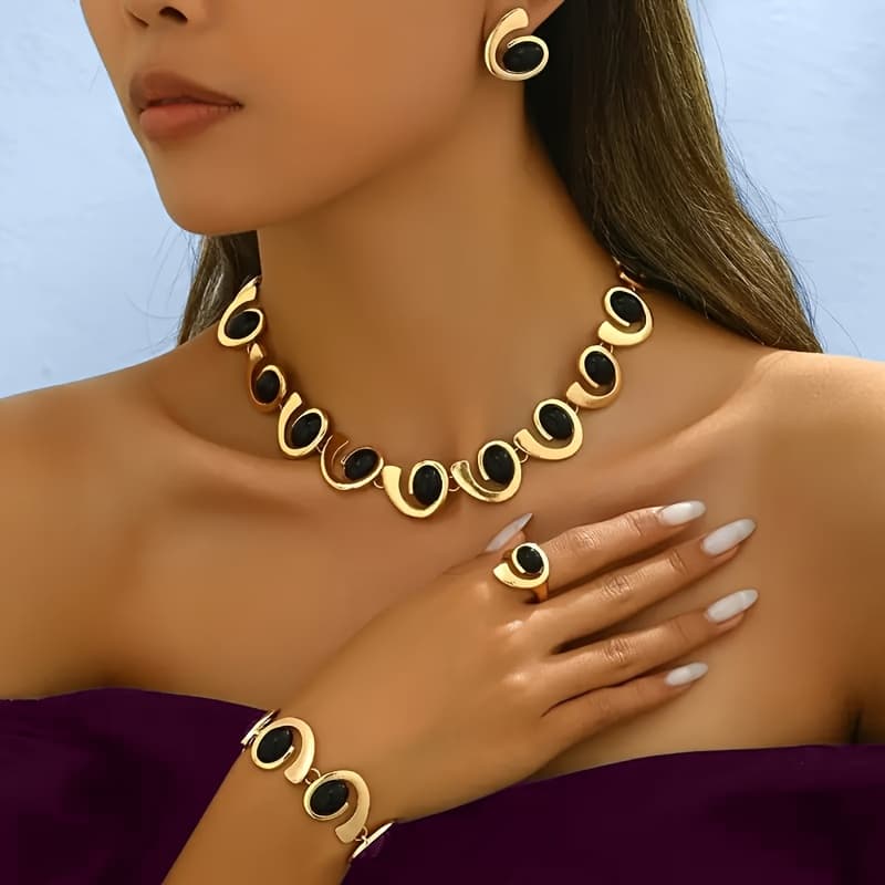TEMU 4pcs/set Silvery Women's Necklace Earrings Bracelet Ring Set, Geometric Oval Black Acrylic Inlay Spiral Stitched Beaded Pendant Necklace Bracelet Earring Ring, Bohemian Spiral Design Jewelry Set