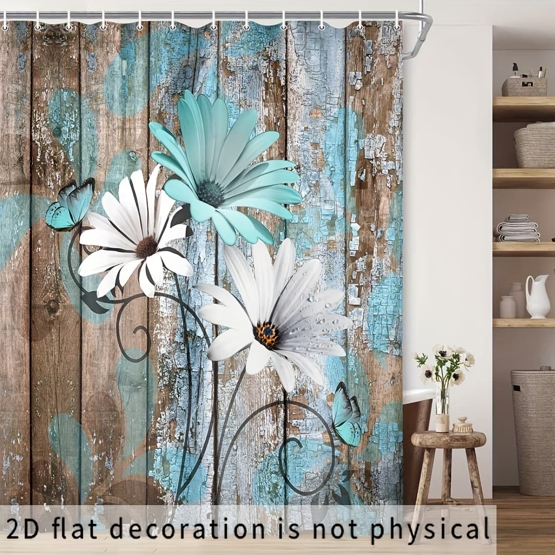 TEMU 2d Flat, 2d Flat Banner 1pc 70.9x70.9inch Farmhouse Flower Floral Shower Curtain, Rustic Teal Turquoise Daisy Shower Curtain, Plant Fabric Shower Curtain With Hooks, Surreal Bathroom Curtain