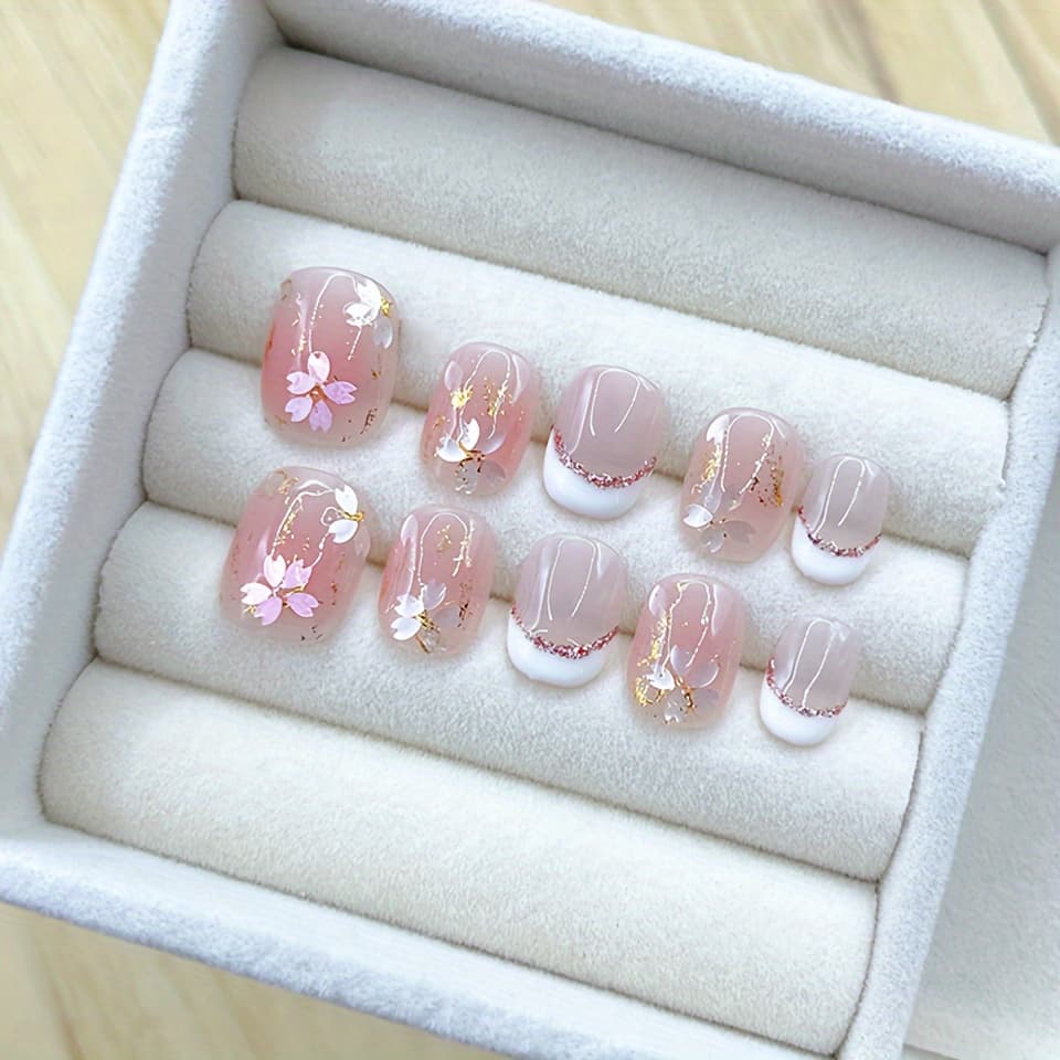 TEMU 10pcs Pure Handmade Short Oval Gentle Sequins White Edge French Wear Detachable Fake Nails
