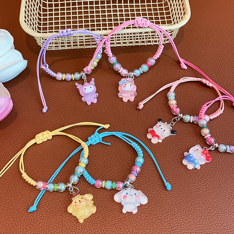 TEMU A Set Of 6 Adorable Woven Bracelets Featuring Characters Like Hello Kitty, Kuromi, , Pompom , Cinnamoroll, And My Melody, Perfect For Jewelry And Holiday Gifting
