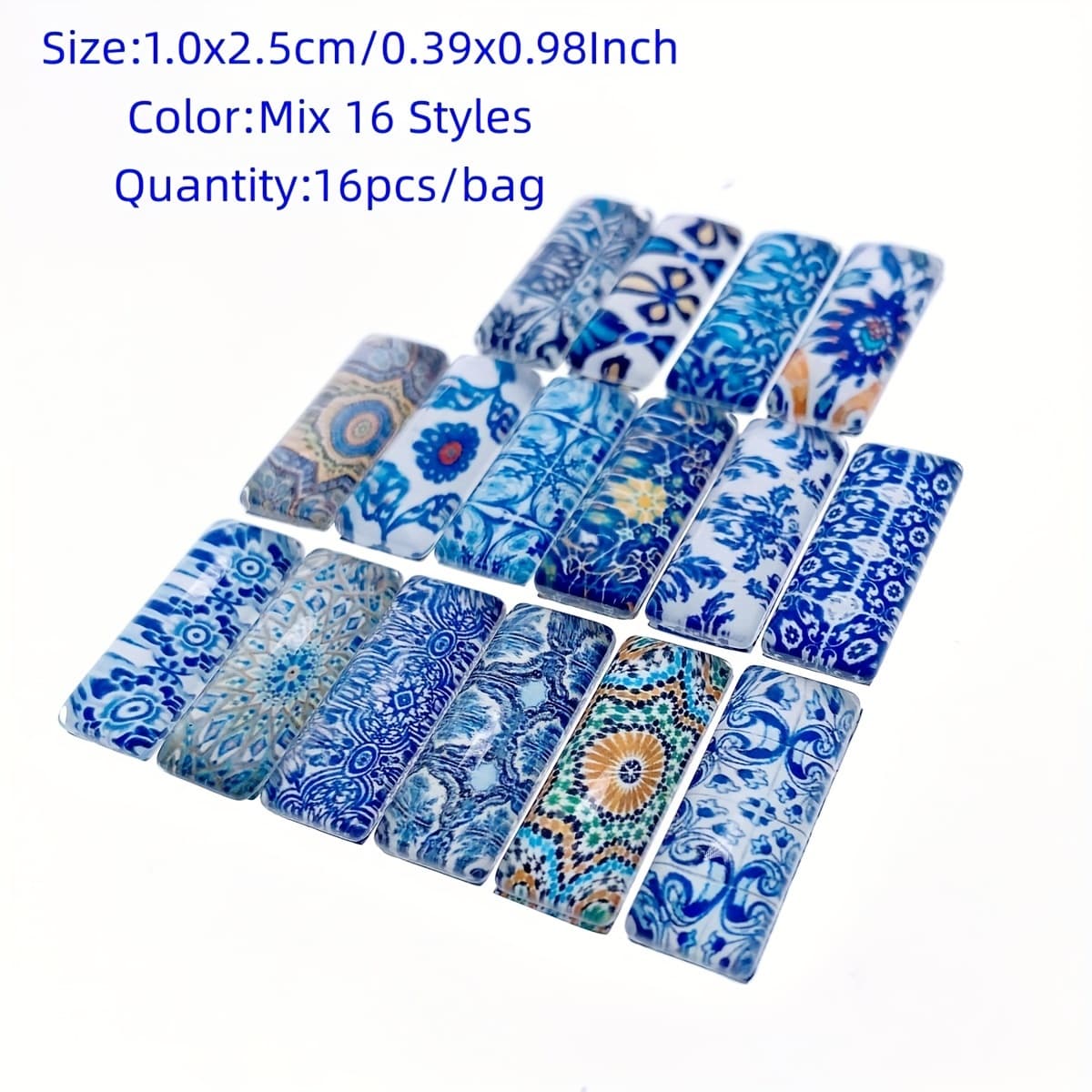 TEMU 16pcs 10x25mm Rectangle Mix Styles Blue And White Porcelain Glass Cabochons Jewelry , Diy Craft Materials