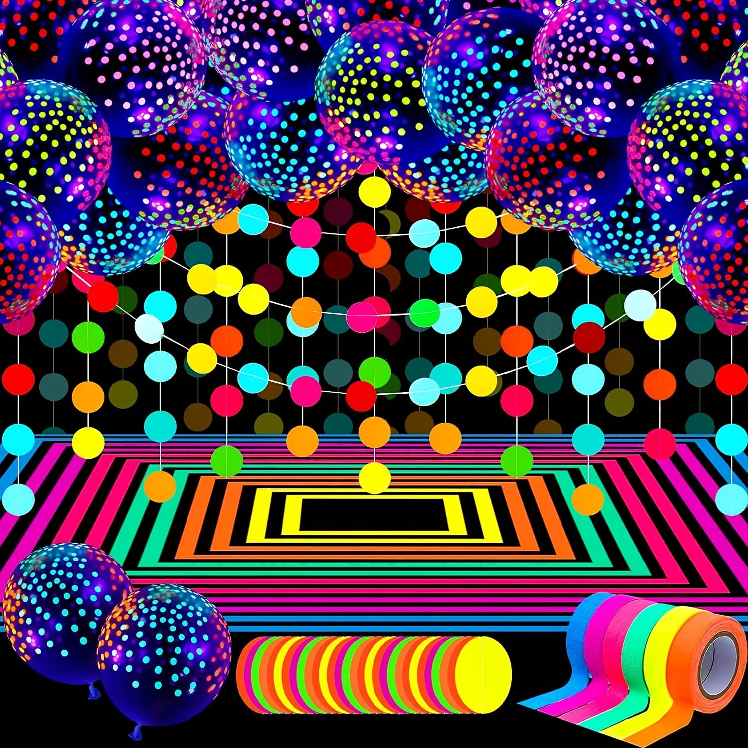 TEMU Glow In The Dark Party Supplies Glow Neon Party Supply Set, 98.4ft 6 Rolls Blacklight Luminous Tape 14.4ft Neon Streamer Garland 25pcs Fluorescent Balloon Halloween Decoration