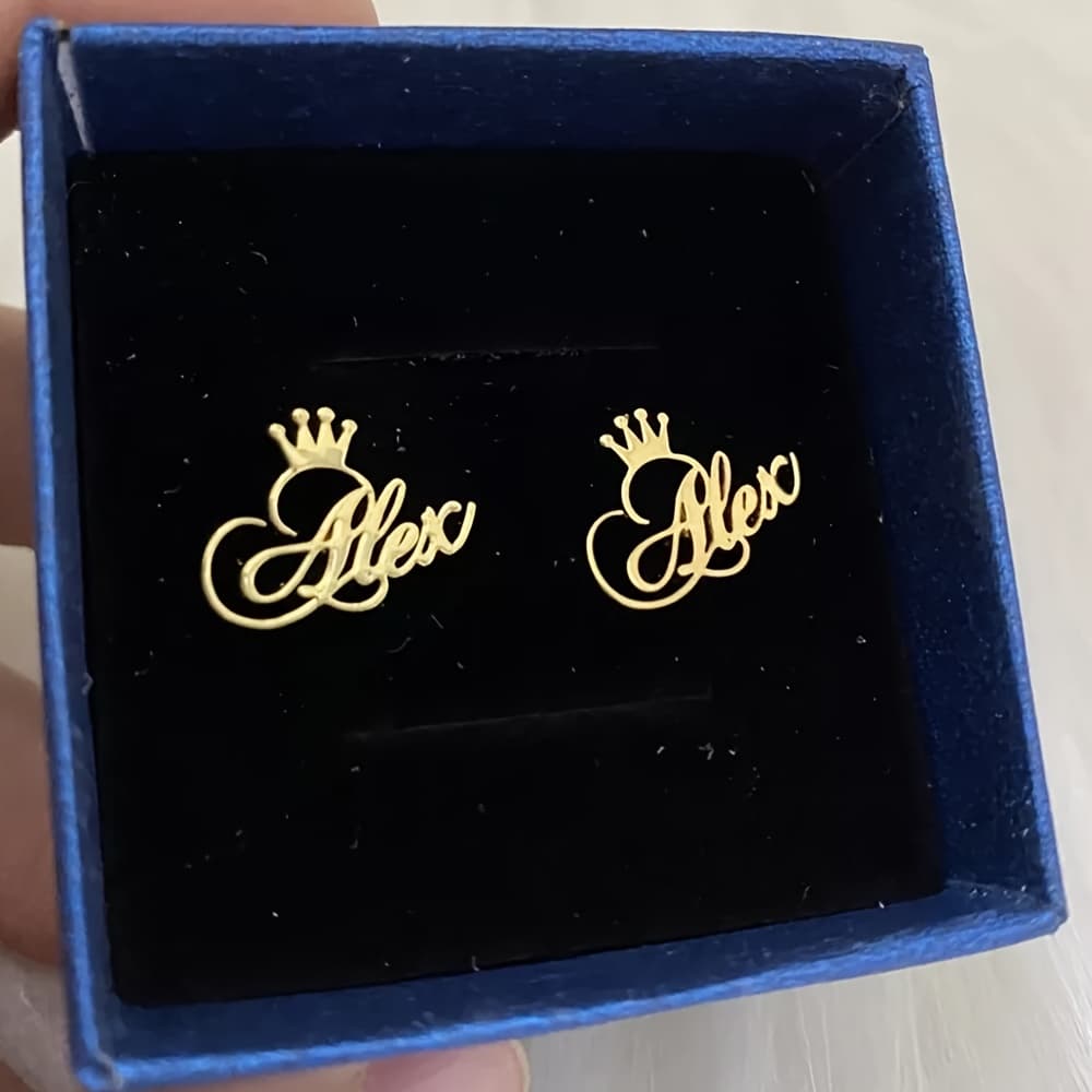 TEMU Custom-made Pair Of Princess Crown Name Stud Earrings, Personalized Exquisite Stainless Steel Name Earrings, Popular Women's Jewelry, Language To English