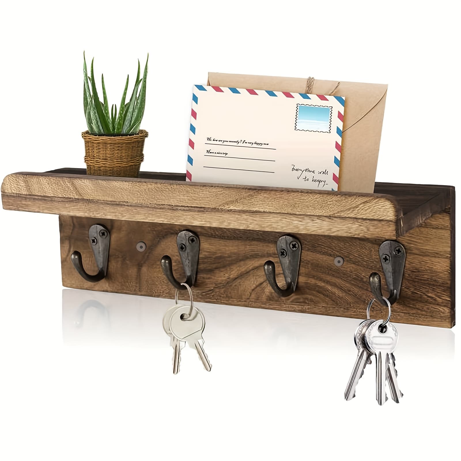 TEMU Rustic Style Wall Key Holder, Farmhouse Wall Shelf With 4 Hooks, Wall Mounted Key Holder, Wooden Mail Organizer With Hooks, Suitable For Entrance
