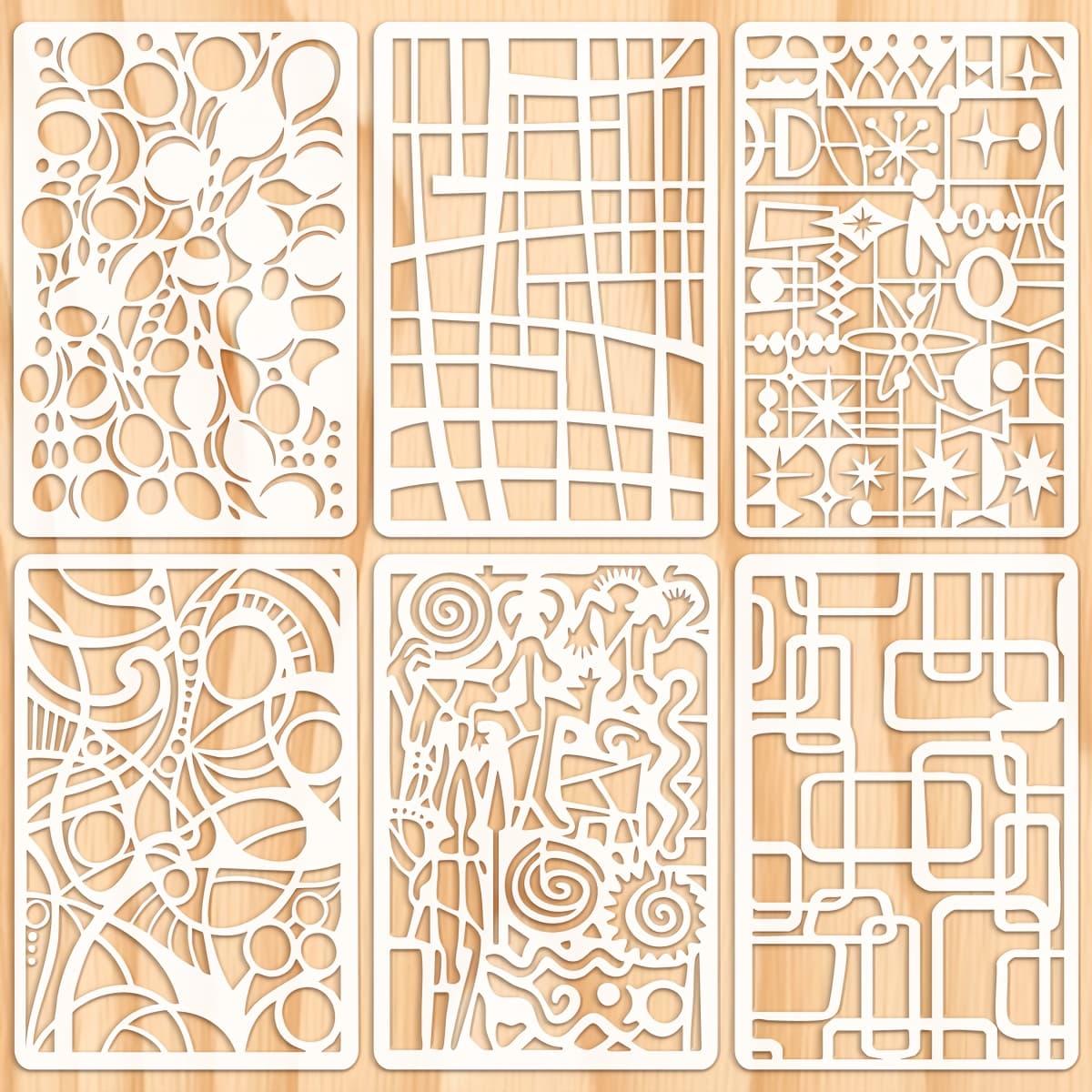 TEMU 6pcs Reusable Modern Background And Shape Stencil Set, Suitable For Crafts, Wall Decor, Mixed Media, Gel Printing, And Diy Projects